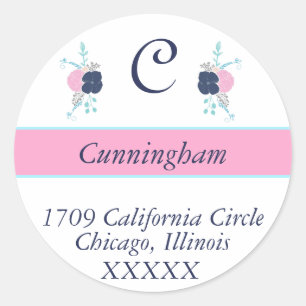 Pink, Navy & Teal Floral Return Address Label- Classic Round Sticker