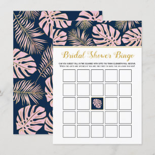 Pink navy tropical leaves bridal shower bingo game enclosure card