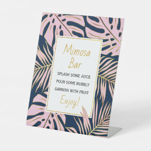 Pink, navy tropical leaves wedding bridal shower pedestal sign