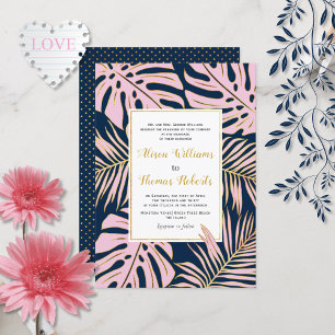 Pink navy tropical monstera palm leaves wedding invitation