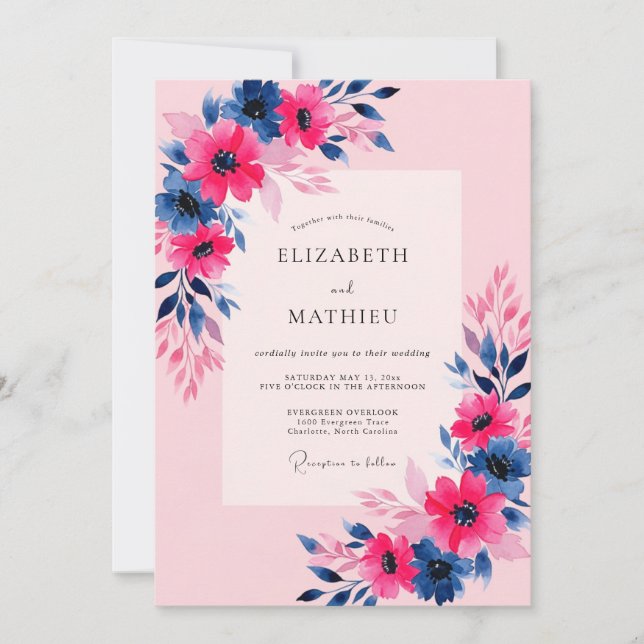 Pink Navy Vibrant Spring Wedding Invitation (Front)