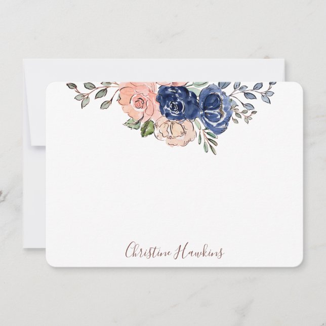 Pink & Navy Watercolor Floral Bloom Personalised N Card (Front)