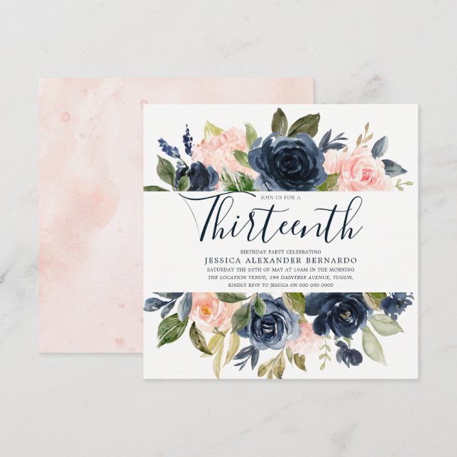 Pink & Navy Watercolor Flowers 13th Birthday Party Invitation (Front/Back)