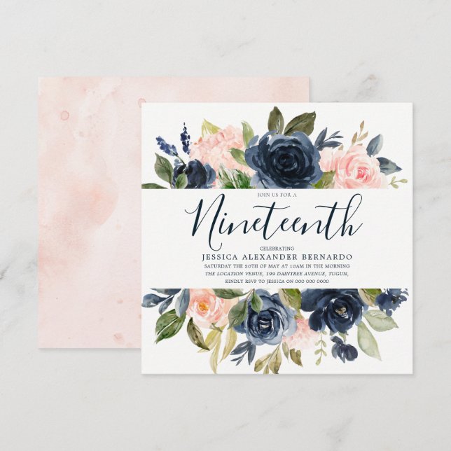 Pink & Navy Watercolor Flowers 19th Birthday Party Invitation (Front/Back)