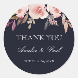 Pink Navy Watercolor Peonies Wedding Thank You Classic Round Sticker