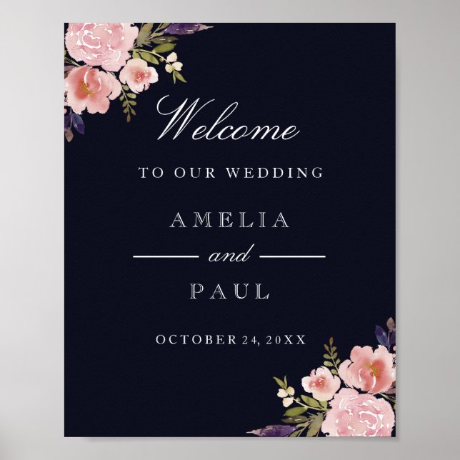 Pink Navy Watercolor Peonies Welcome Wedding Sign (Front)