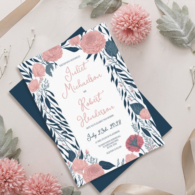 Pink Navy Watercolor Peony Floral Vines Wedding Invitation (Creator Uploaded)