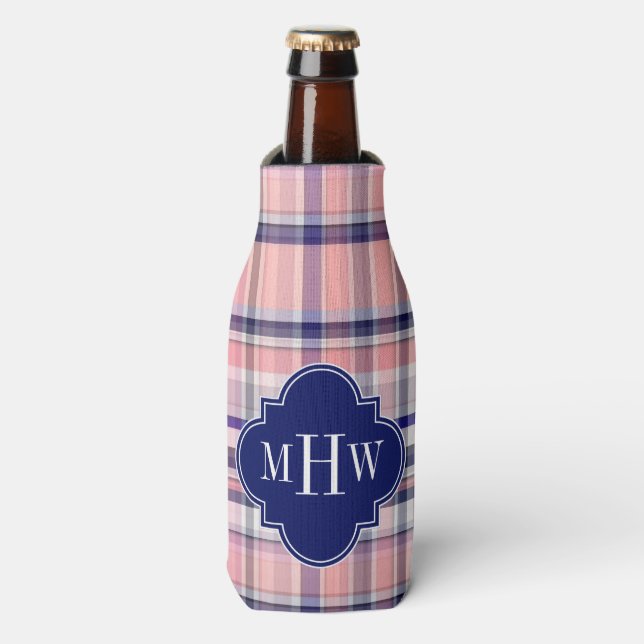 Pink Navy White Preppy Madras Quatrefoil Monogram Bottle Cooler (Bottle Front)