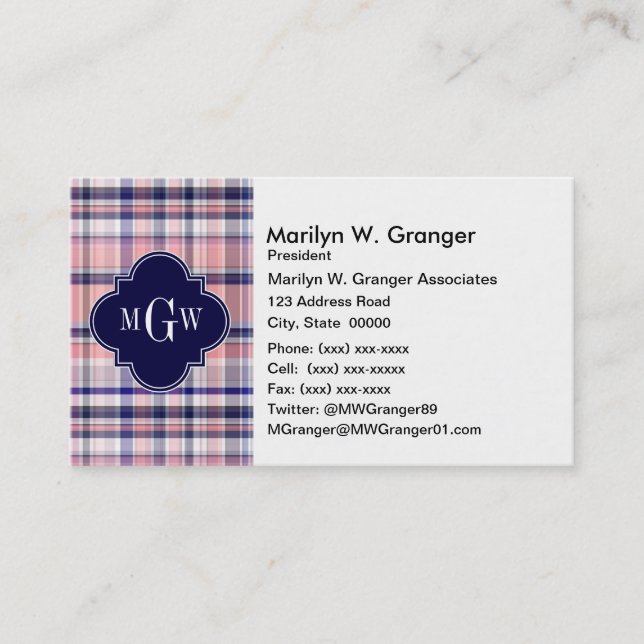 Pink Navy White Preppy Madras Quatrefoil Monogram Business Card (Front)