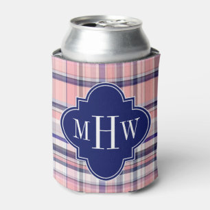 Pink Navy White Preppy Madras Quatrefoil Monogram Can Cooler
