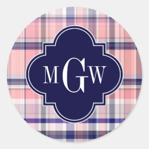 Pink Navy White Preppy Madras Quatrefoil Monogram Classic Round Sticker