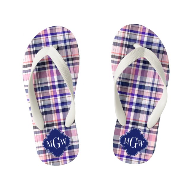 Pink Navy White Preppy Madras Quatrefoil Monogram Kid's Flip Flops (Footbed)