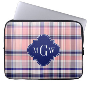 Pink Navy White Preppy Madras Quatrefoil Monogram Laptop Sleeve