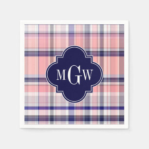 Pink Navy White Preppy Madras Quatrefoil Monogram Napkin