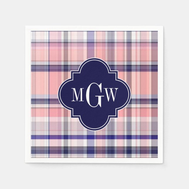 Pink Navy White Preppy Madras Quatrefoil Monogram Napkin (Front)
