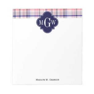 Pink Navy White Preppy Madras Quatrefoil Monogram Notepad