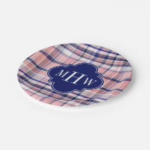 Pink Navy White Preppy Madras Quatrefoil Monogram Paper Plate