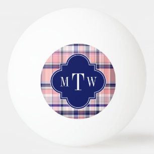 Pink Navy White Preppy Madras Quatrefoil Monogram Ping Pong Ball