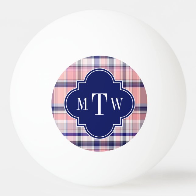 Pink Navy White Preppy Madras Quatrefoil Monogram Ping Pong Ball (Front)