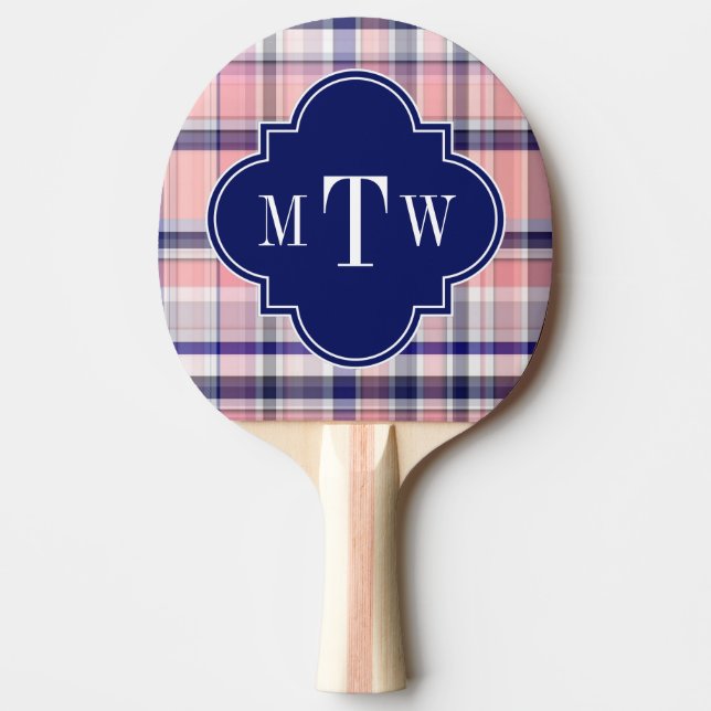 Pink Navy White Preppy Madras Quatrefoil Monogram Ping Pong Paddle (Front)