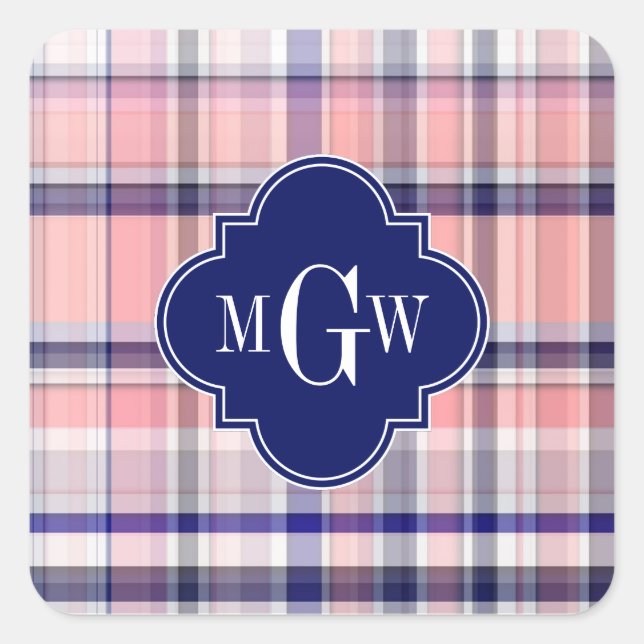 Pink Navy White Preppy Madras Quatrefoil Monogram Square Sticker (Front)