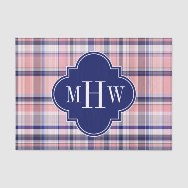 Pink Navy White Preppy Madras Quatrefoil Monogram Tissue Paper (Front)
