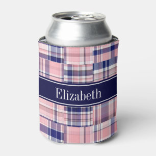 Pink Navy Wht Preppy Patchwork Madras N Monogram Can Cooler
