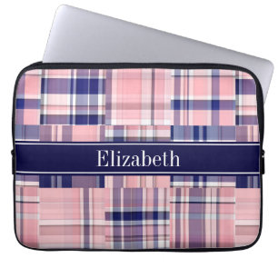 Pink Navy Wht Preppy Patchwork Madras N Monogram Laptop Sleeve