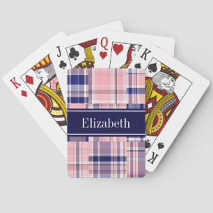 Pink Navy Wht Preppy Patchwork Madras N Monogram Playing Cards
