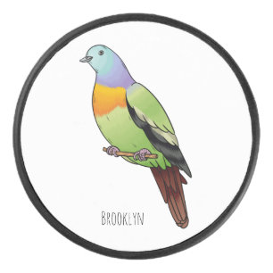 Pink-necked green pigeon bird cartoon illustration hockey puck