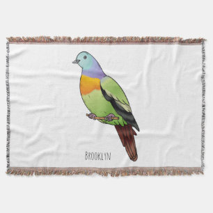 Pink-necked green pigeon bird cartoon illustration throw blanket