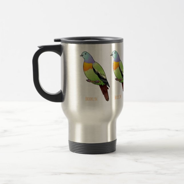Pink-necked green pigeon bird cartoon illustration travel mug (Left)