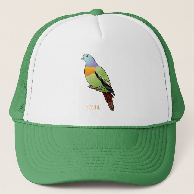 Pink-necked green pigeon bird cartoon illustration trucker hat (Front)
