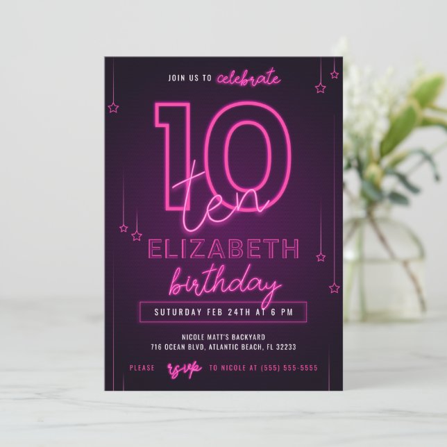 Pink Neon 10th Birthday Party Let's Glow Crazy Invitation (Standing Front)