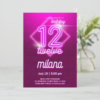 Pink Neon 12th Birthday Party Invitation Card