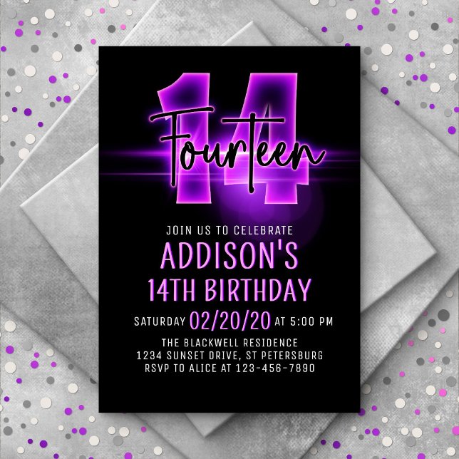 Pink Neon 14th Birthday Invitation (Creator Uploaded)