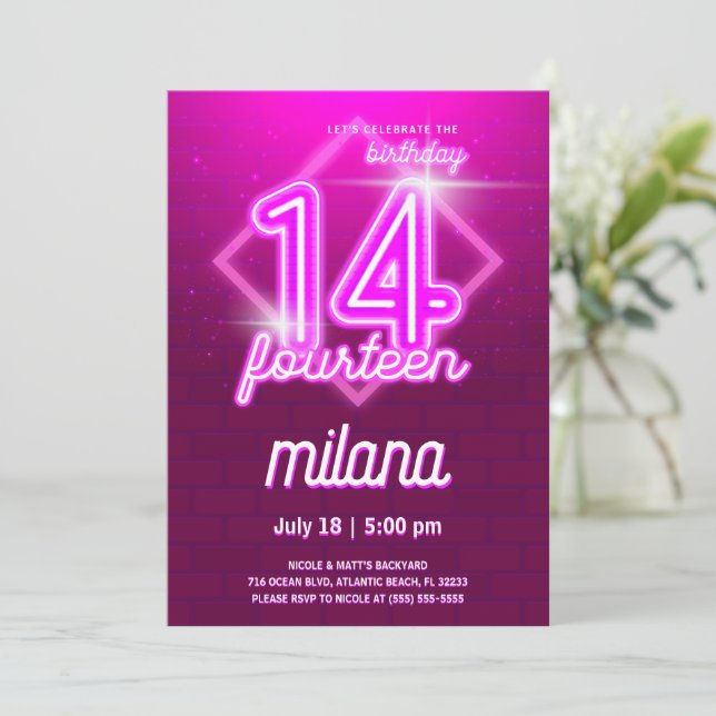 Pink Neon 14th Birthday Party Invitation Card (Standing Front)