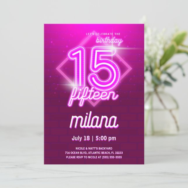 Pink Neon 15th Birthday Party Invitation Card (Standing Front)