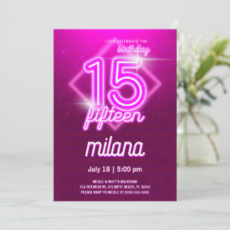 Pink Neon 15th Birthday Party Invitation Card