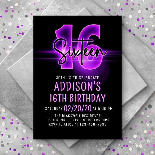 Pink Neon 16th Birthday Invitation (Creator Uploaded)