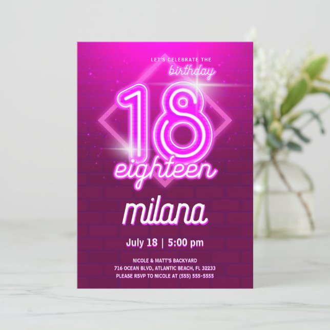 Pink Neon 18th Birthday Party Invitation Card (Standing Front)
