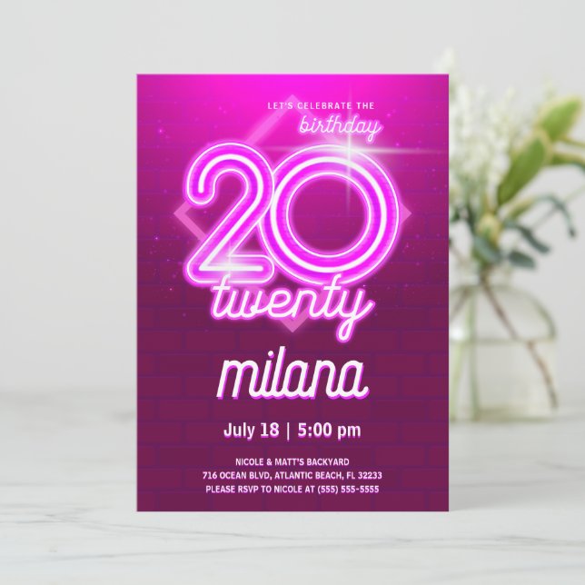 Pink Neon 20th Birthday Party Invitation Card (Standing Front)