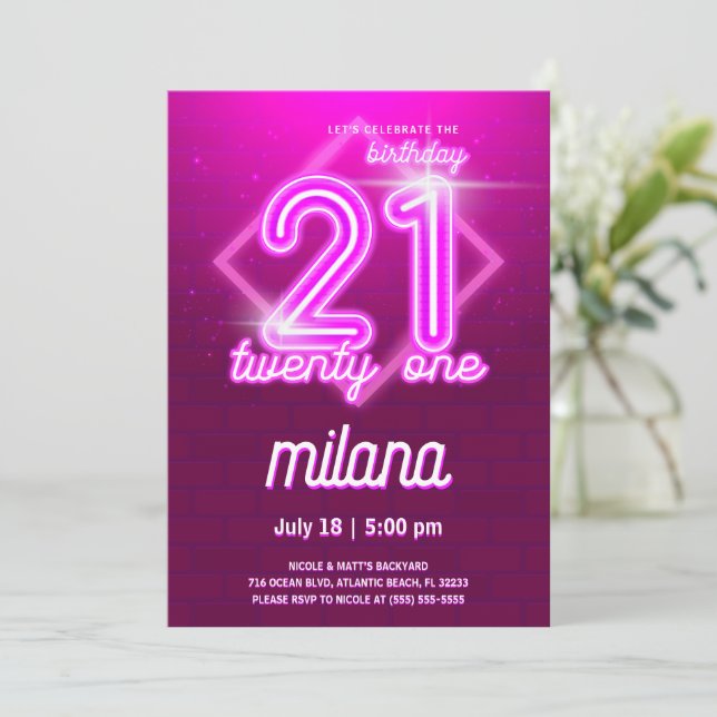 Pink Neon 21th Birthday Party Invitation Card (Standing Front)