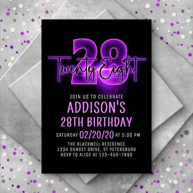 Pink Neon 28th Birthday Invitation (Creator Uploaded)