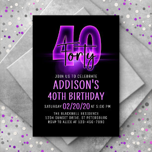 Pink Neon 40th Birthday Invitation