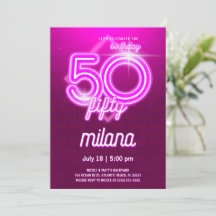 Pink Neon 50th Birthday Party Invitation Card