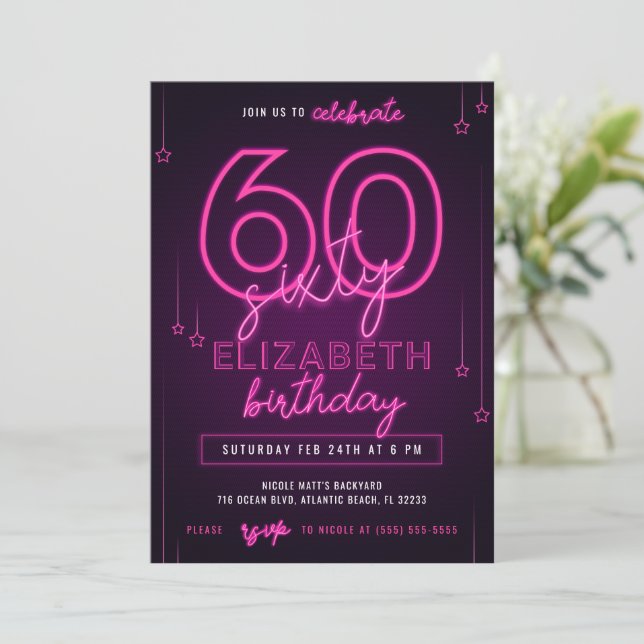 Pink Neon 60th Birthday Party Let's Glow Crazy Invitation (Standing Front)