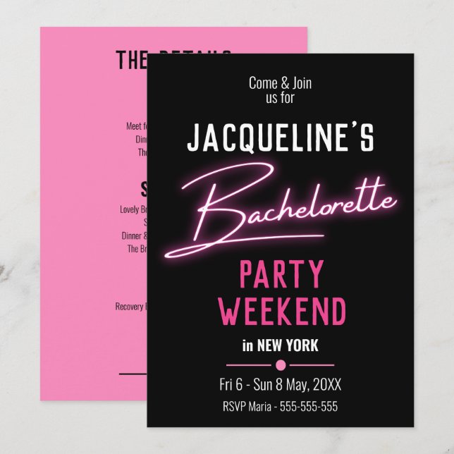 Pink Neon Bachelorette Party Weekend Itinerary Invitation (Front/Back)