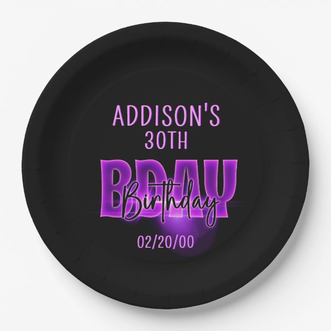 Pink Neon Birthday Paper Plate (Front)