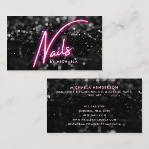 Pink Neon & Black Glitter Nail Salon Business Card